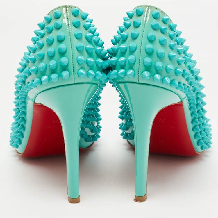 Pre Owned Christian Louboutin Turquoise Patent Leather Pigalle Spikes Pumps Size 38