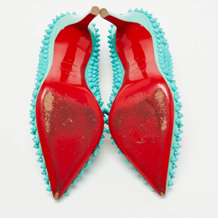 Pre Owned Christian Louboutin Turquoise Patent Leather Pigalle Spikes Pumps Size 38