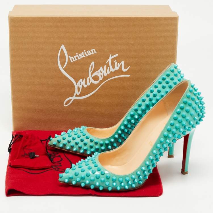Pre Owned Christian Louboutin Turquoise Patent Leather Pigalle Spikes Pumps Size 38