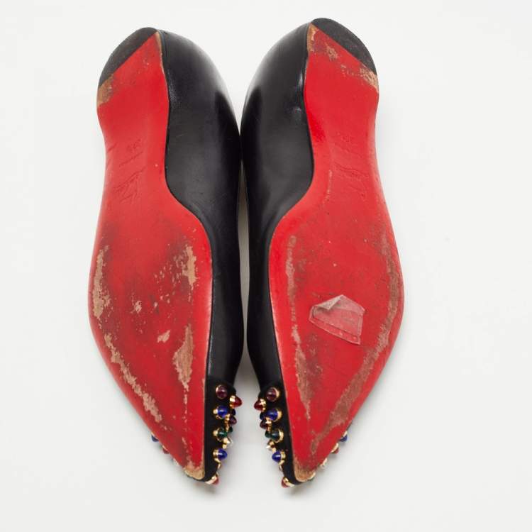 Pre Owned Christian Louboutin Black Leather Geo Ballet Flats Size 37.5