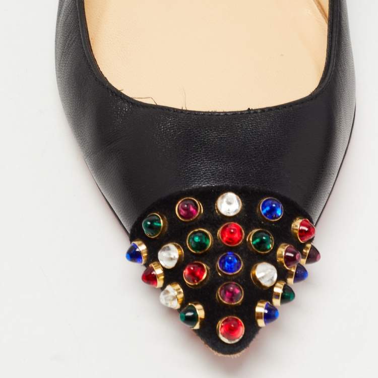 Pre Owned Christian Louboutin Black Leather Geo Ballet Flats Size 37.5