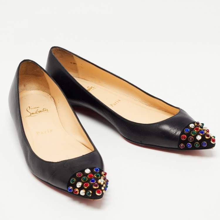 Pre Owned Christian Louboutin Black Leather Geo Ballet Flats Size 37.5