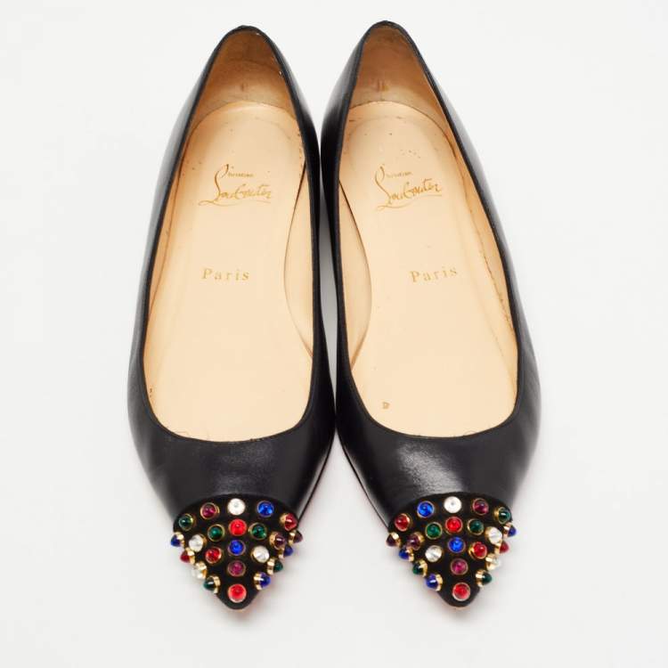 Pre Owned Christian Louboutin Black Leather Geo Ballet Flats Size 37.5