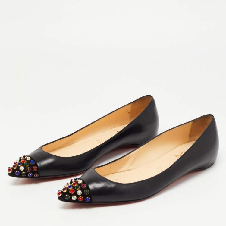 Pre Owned Christian Louboutin Black Leather Geo Ballet Flats Size 37.5