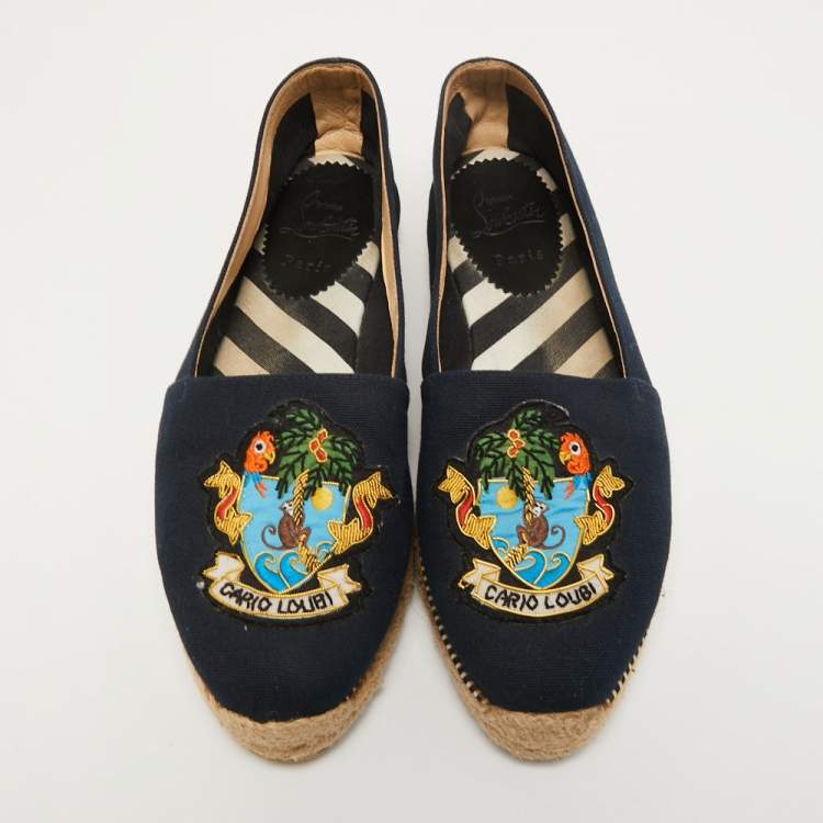 Pre Owned Christian Louboutin Navy Blue Canvas Lougalia Espadrille Flats Size 40