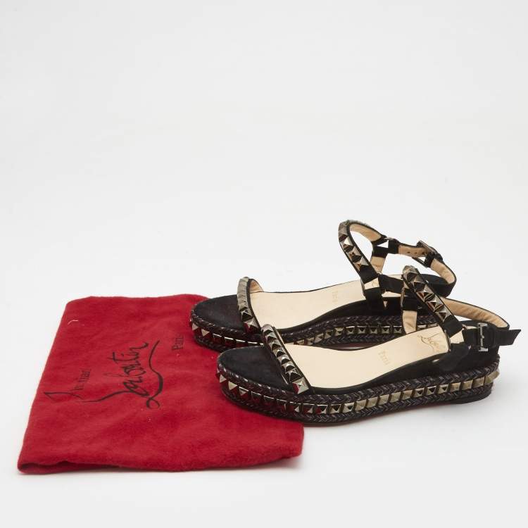 Pre Owned Christian Louboutin Black Suede Pyraclou Espadrille Sandals Size 38