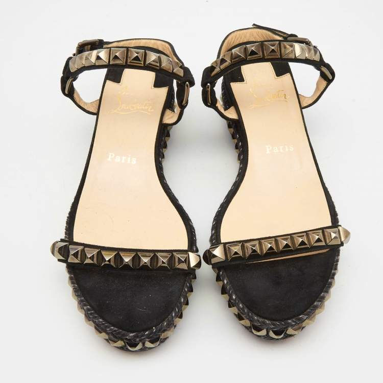 Pre Owned Christian Louboutin Black Suede Pyraclou Espadrille Sandals Size 38