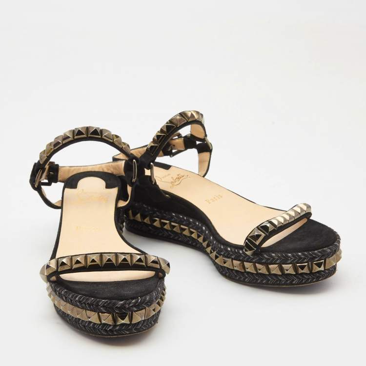 Pre Owned Christian Louboutin Black Suede Pyraclou Espadrille Sandals Size 38