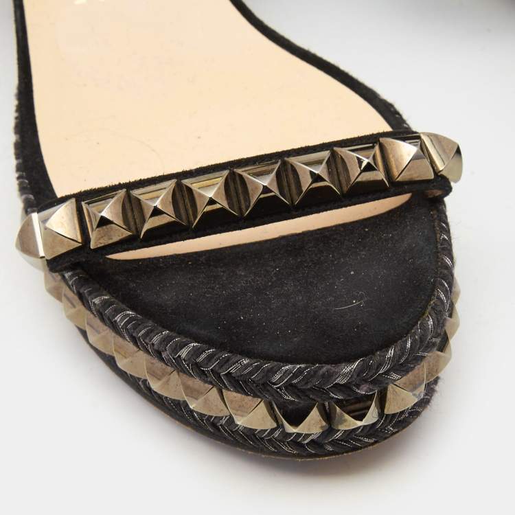 Pre Owned Christian Louboutin Black Suede Pyraclou Espadrille Sandals Size 38