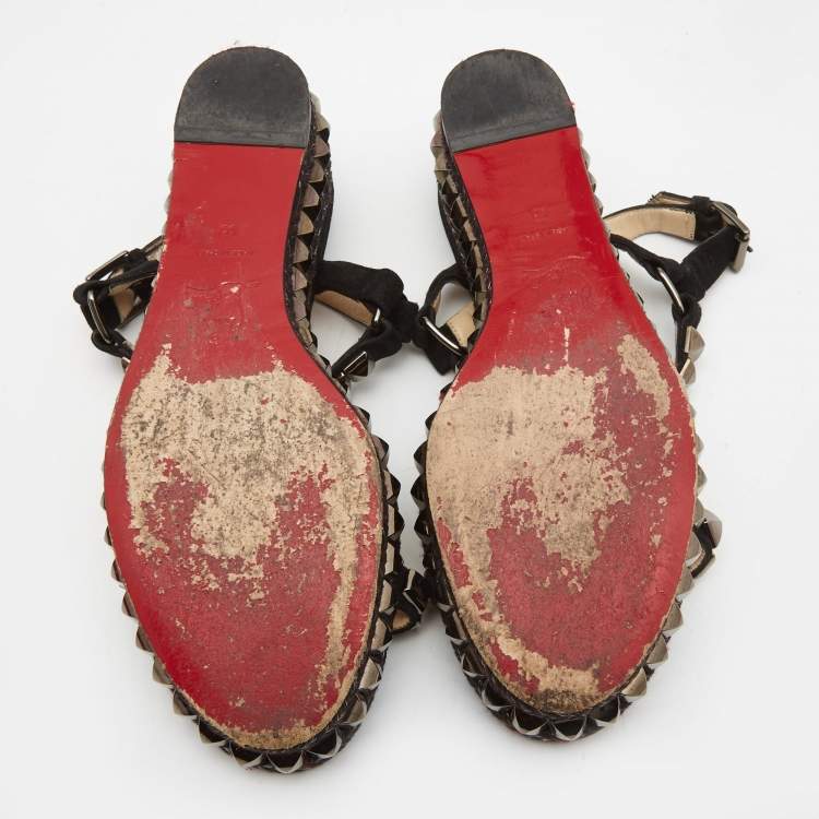 Pre Owned Christian Louboutin Black Suede Pyraclou Espadrille Sandals Size 38