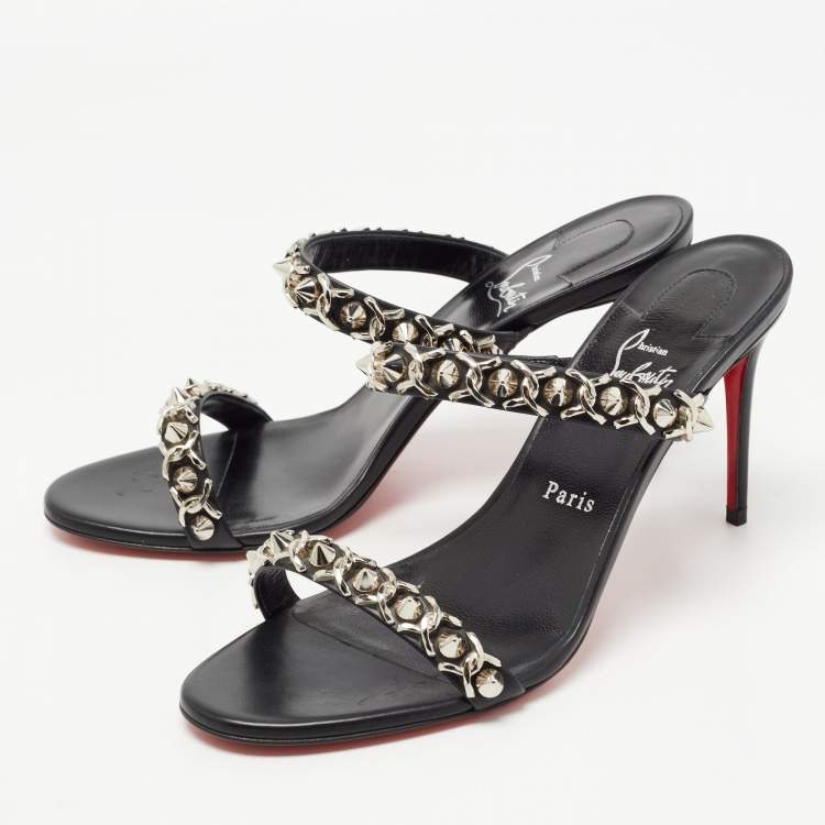 Christian Louboutin Black Leather Spike Thong Sandals Size 40
