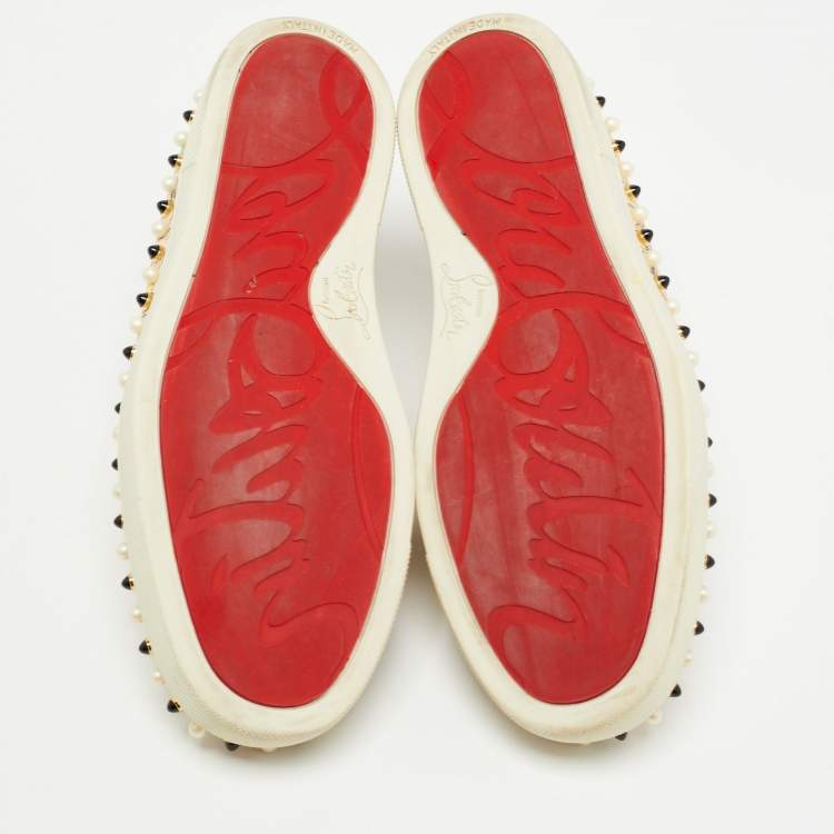 Pre Owned Christian Louboutin Beige Printed Fabric Studded Boat Sneakers Size 39