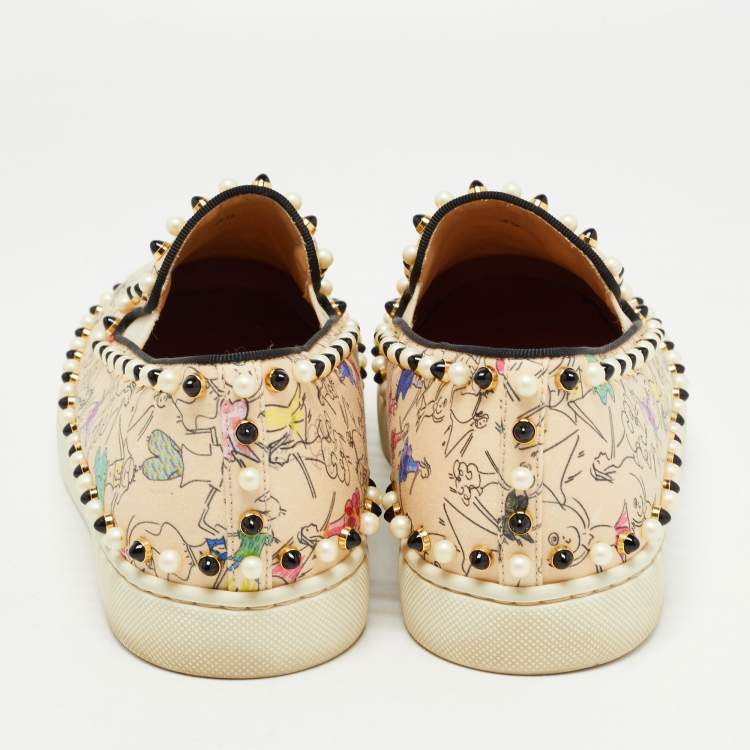 Pre Owned Christian Louboutin Beige Printed Fabric Studded Boat Sneakers Size 39