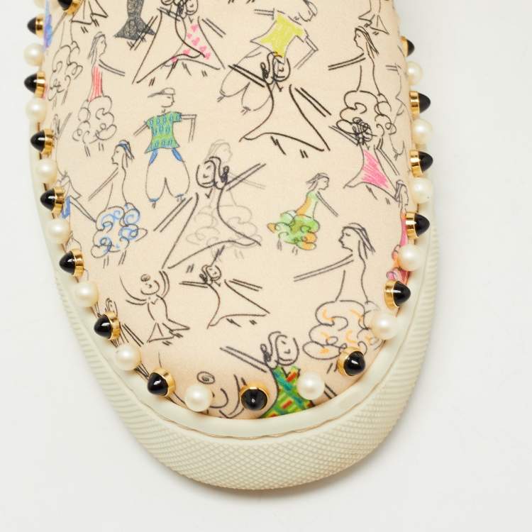 Pre Owned Christian Louboutin Beige Printed Fabric Studded Boat Sneakers Size 39
