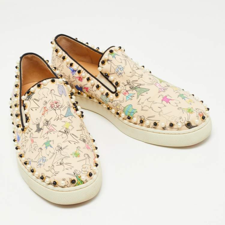 Pre Owned Christian Louboutin Beige Printed Fabric Studded Boat Sneakers Size 39