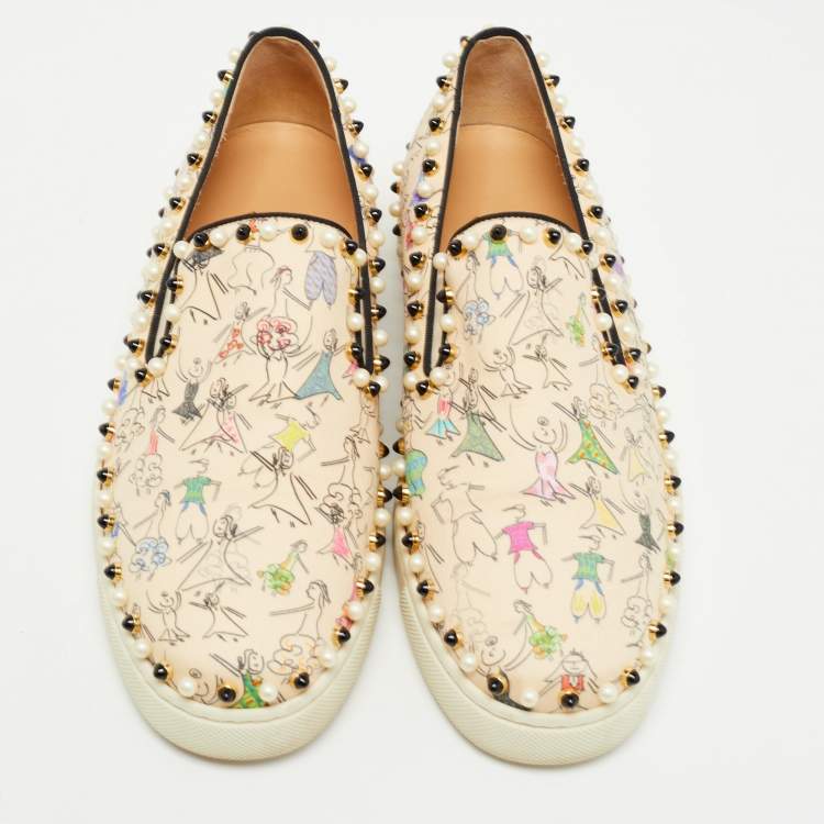 Pre Owned Christian Louboutin Beige Printed Fabric Studded Boat Sneakers Size 39
