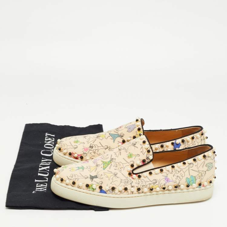Pre Owned Christian Louboutin Beige Printed Fabric Studded Boat Sneakers Size 39