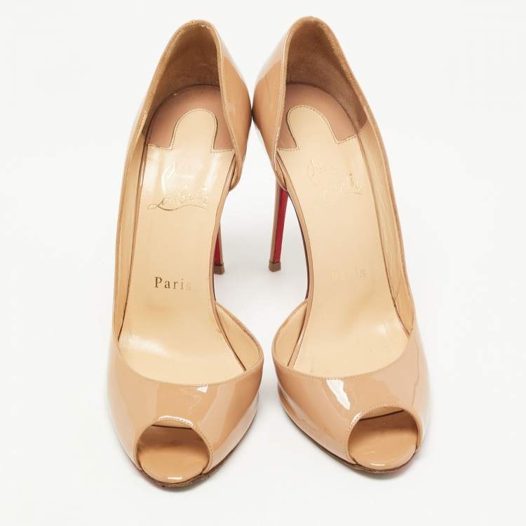Pre Owned Christian Louboutin Beige Patent Leather Iriza D'orsay Pumps Size 38