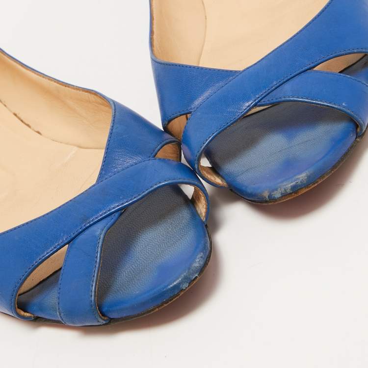 Pre Owned Christian Louboutin Blue Leather Crisscross Ballet Flats Size 38.5