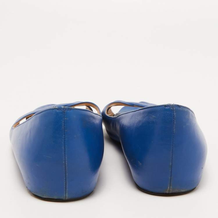 Pre Owned Christian Louboutin Blue Leather Crisscross Ballet Flats Size 38.5