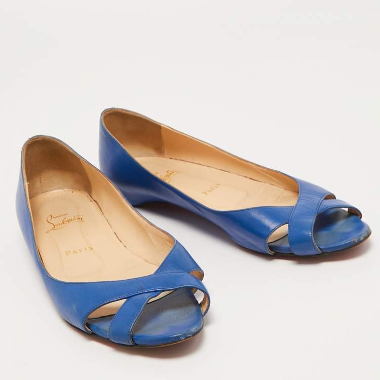 Pre Owned Christian Louboutin Blue Leather Crisscross Ballet Flats Size 38.5
