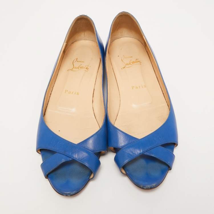Pre Owned Christian Louboutin Blue Leather Crisscross Ballet Flats Size 38.5