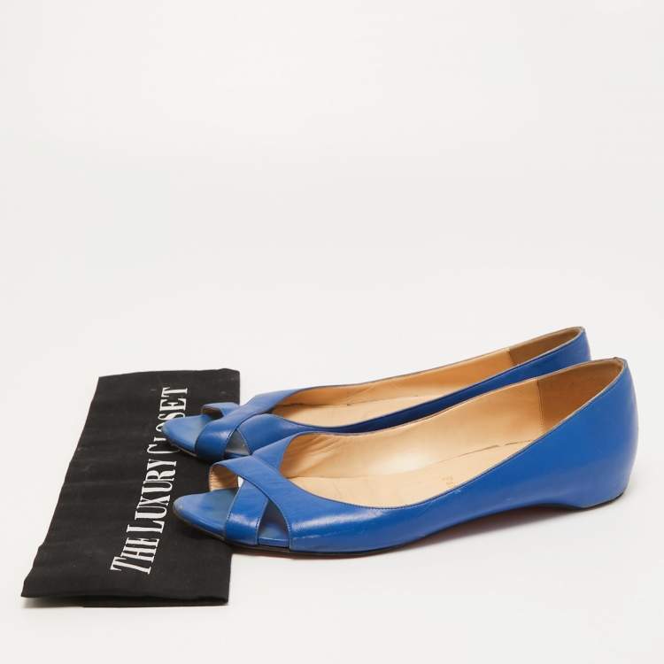 Pre Owned Christian Louboutin Blue Leather Crisscross Ballet Flats Size 38.5