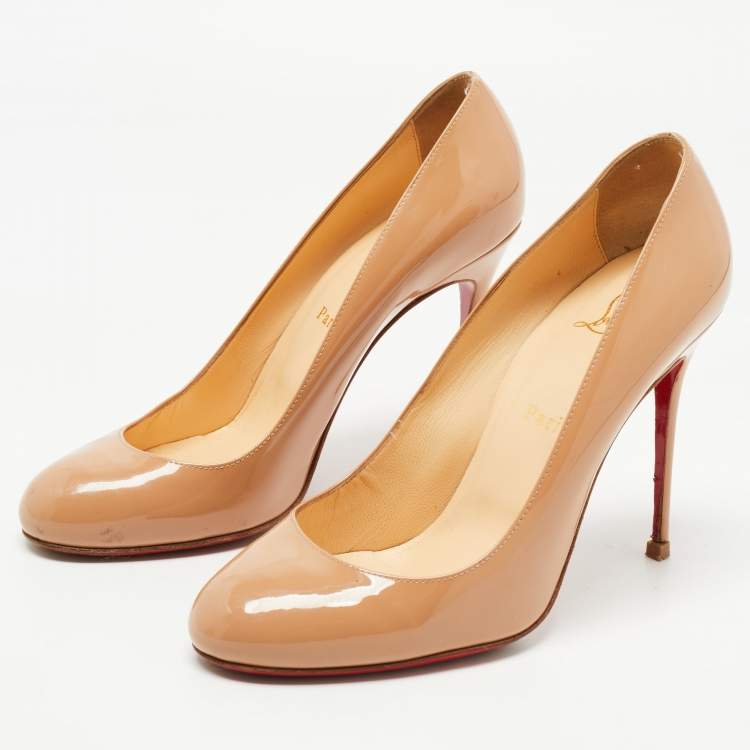 Pre Owned Christian Louboutin Beige Patent Leather Fifi Pumps Size 38.5