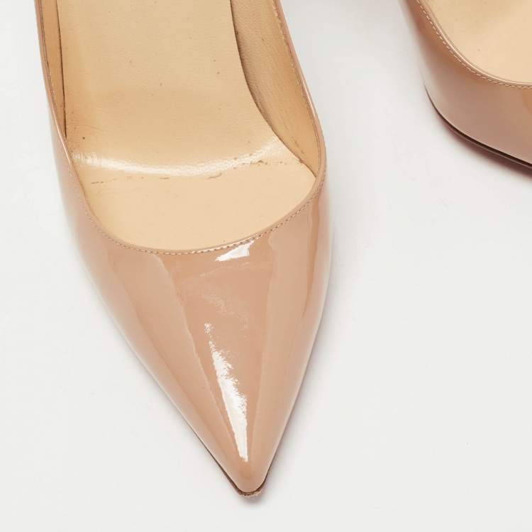 Pre Owned Christian Louboutin Beige Patent Leather Kate Pumps Size 38.5
