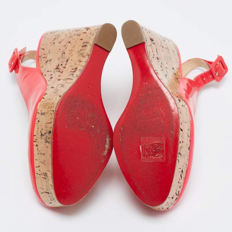 Pre Owned Christian Louboutin Neon Pink Patent Leather Cork Wedge Slingback Pumps Size 36