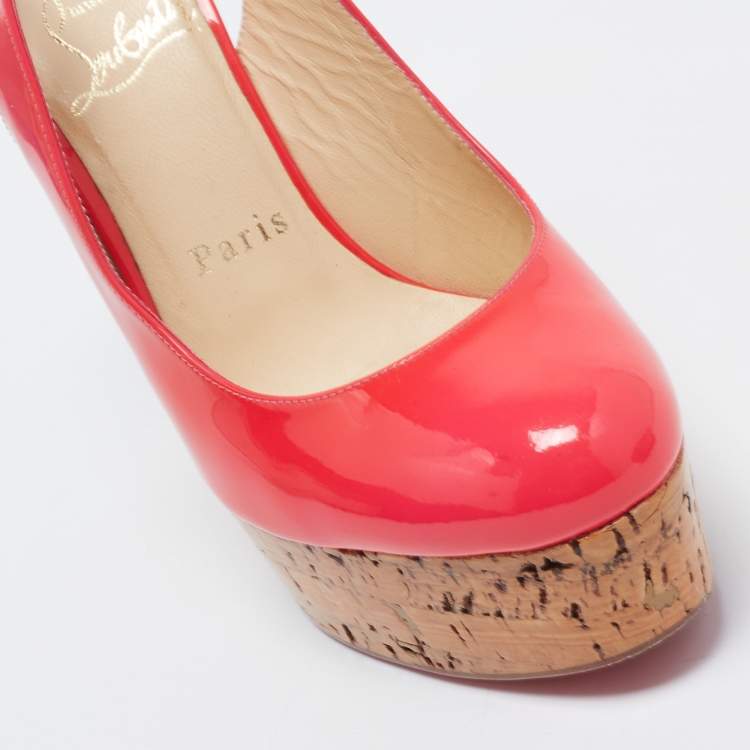 Pre Owned Christian Louboutin Neon Pink Patent Leather Cork Wedge Slingback Pumps Size 36