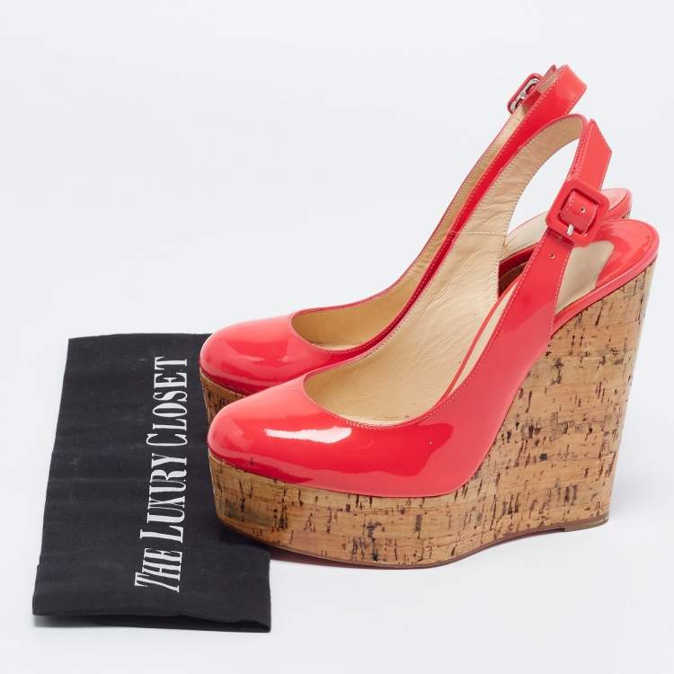 Pre Owned Christian Louboutin Neon Pink Patent Leather Cork Wedge Slingback Pumps Size 36