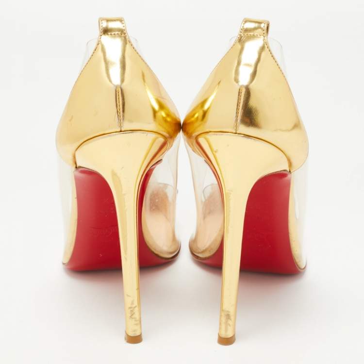 Pre Owned Christian Louboutin Gold Leather and PVC Just Picks Pumps Size 37.5