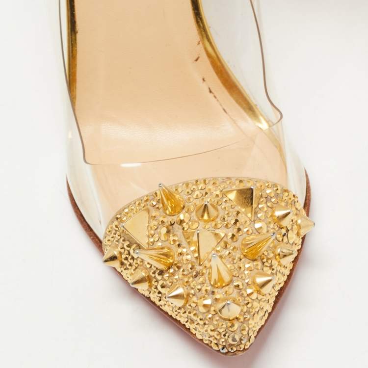 Pre Owned Christian Louboutin Gold Leather and PVC Just Picks Pumps Size 37.5