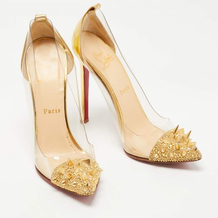 Pre Owned Christian Louboutin Gold Leather and PVC Just Picks Pumps Size 37.5