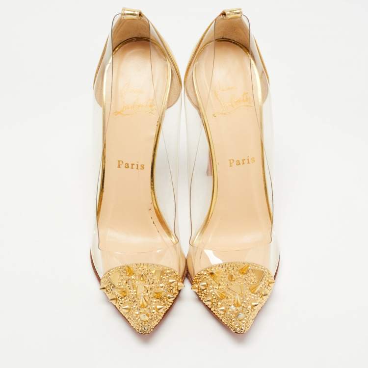 Pre Owned Christian Louboutin Gold Leather and PVC Just Picks Pumps Size 37.5