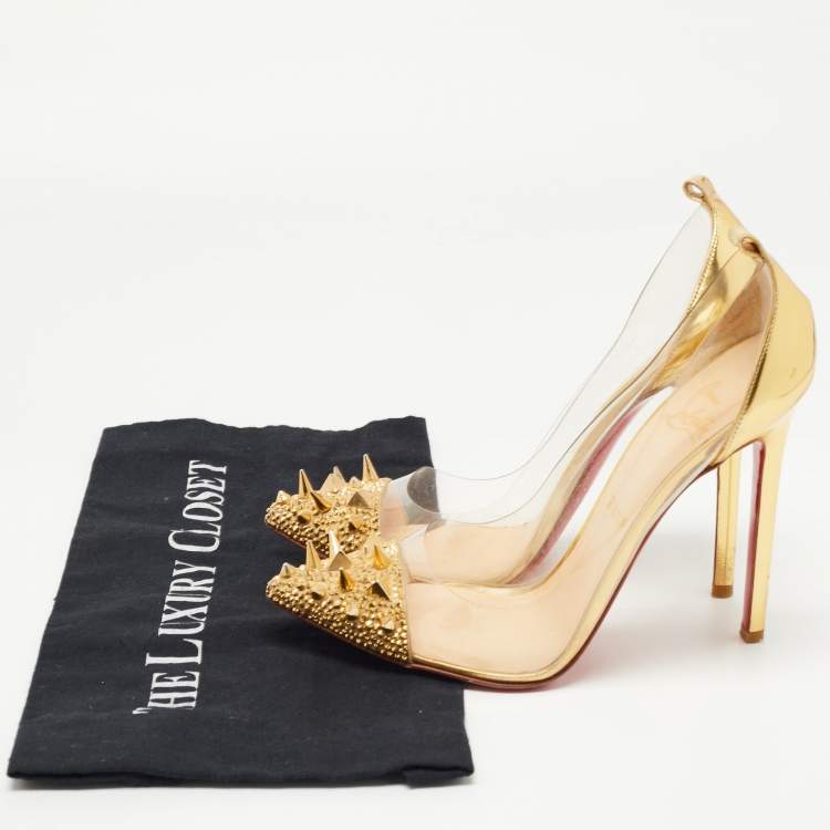 Pre Owned Christian Louboutin Gold Leather and PVC Just Picks Pumps Size 37.5