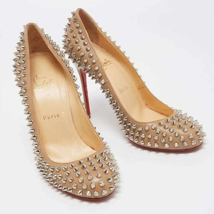 Pre Owned Christian Louboutin Beige Leather Fifi Spikes Pumps Size 39