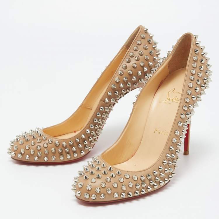 Pre Owned Christian Louboutin Beige Leather Fifi Spikes Pumps Size 39