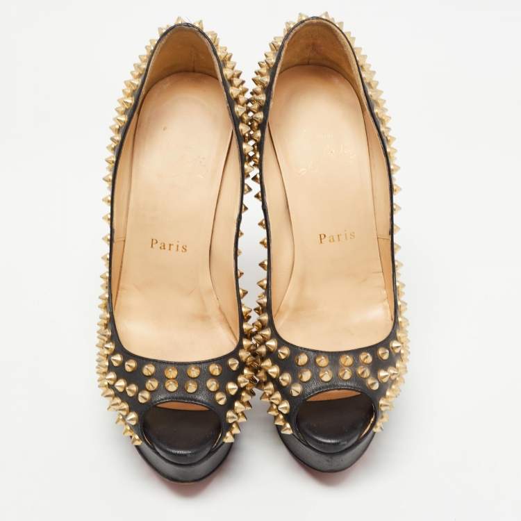 Pre Owned Christian Louboutin Black Leather Lady Peep Spikes Pumps Size 37