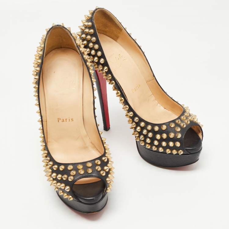 Pre Owned Christian Louboutin Black Leather Lady Peep Spikes Pumps Size 37
