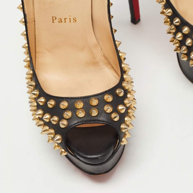 Pre Owned Christian Louboutin Black Leather Lady Peep Spikes Pumps Size 37