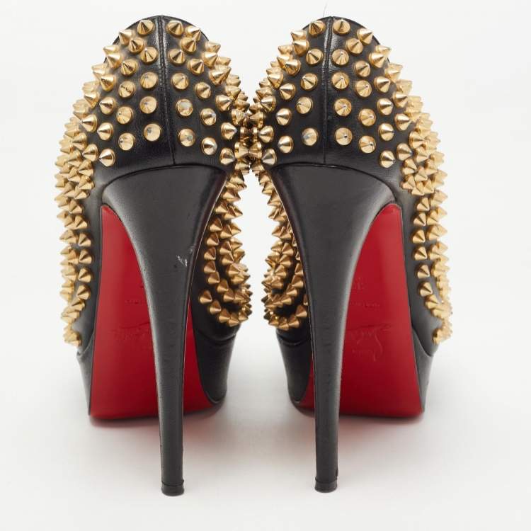 Pre Owned Christian Louboutin Black Leather Lady Peep Spikes Pumps Size 37