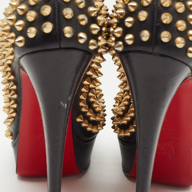 Pre Owned Christian Louboutin Black Leather Lady Peep Spikes Pumps Size 37