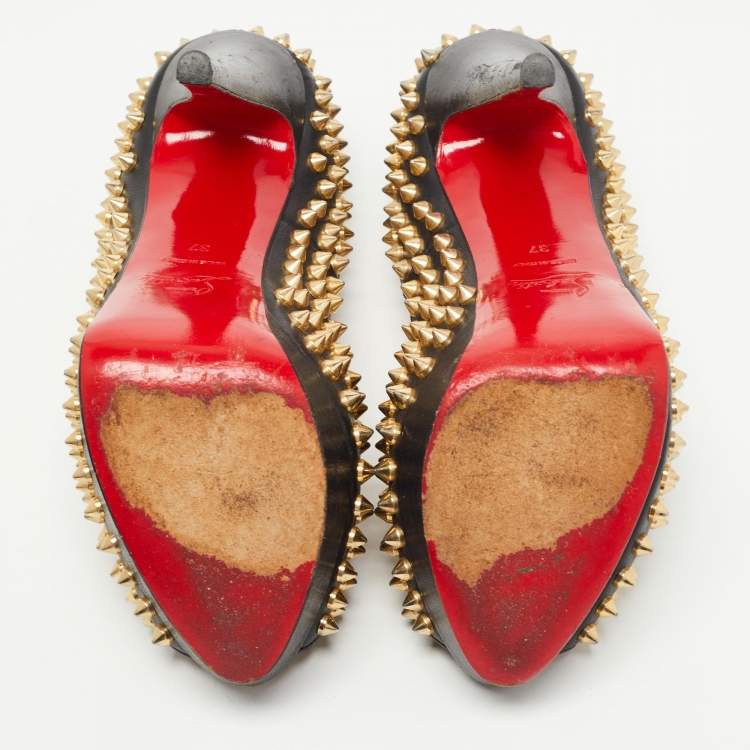 Pre Owned Christian Louboutin Black Leather Lady Peep Spikes Pumps Size 37