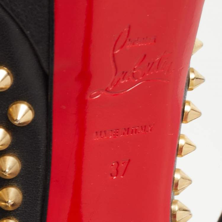 Pre Owned Christian Louboutin Black Leather Lady Peep Spikes Pumps Size 37