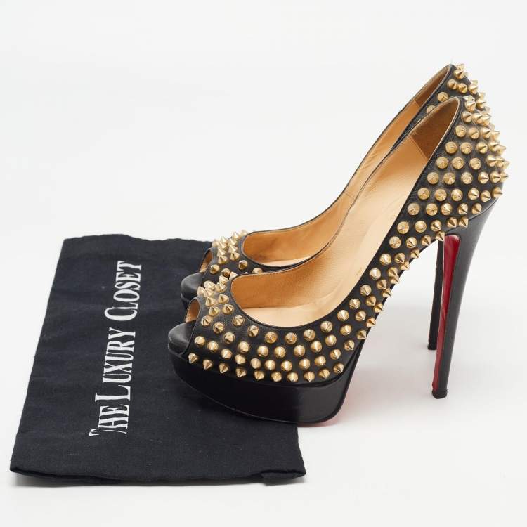 Pre Owned Christian Louboutin Black Leather Lady Peep Spikes Pumps Size 37