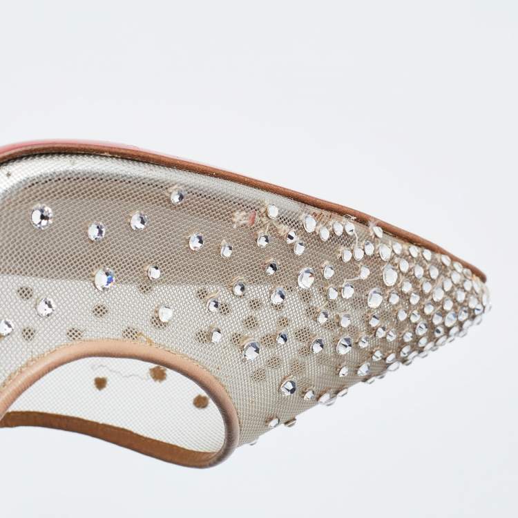 Pre Owned Christian Louboutin Beige/Silver Mesh and Leather Follies Strass Pumps Size 39.5