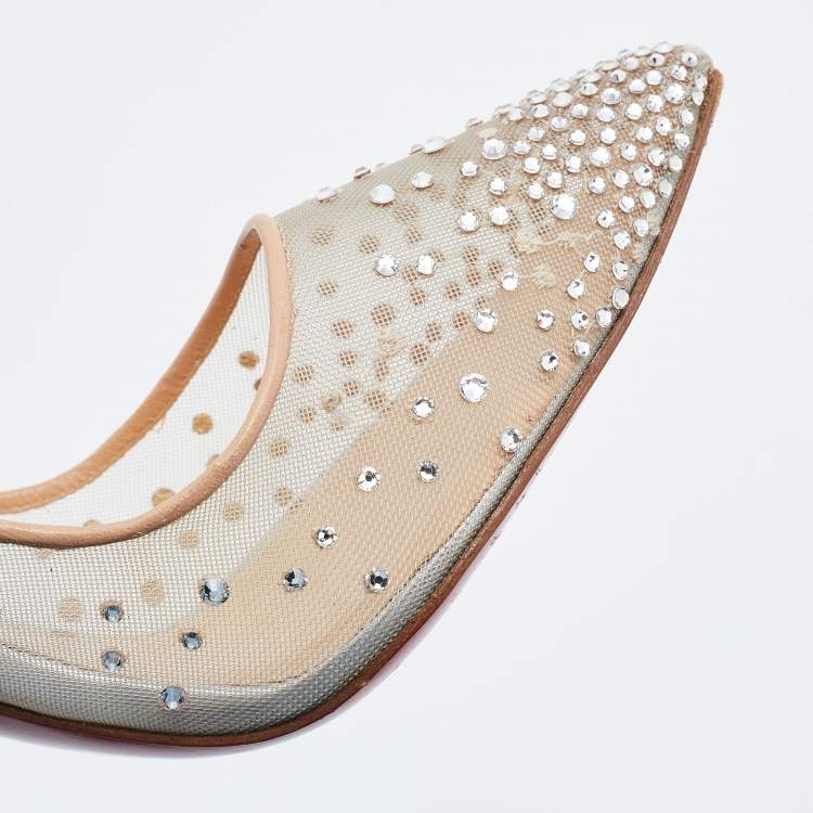 Pre Owned Christian Louboutin Beige/Silver Mesh and Leather Follies Strass Pumps Size 39.5