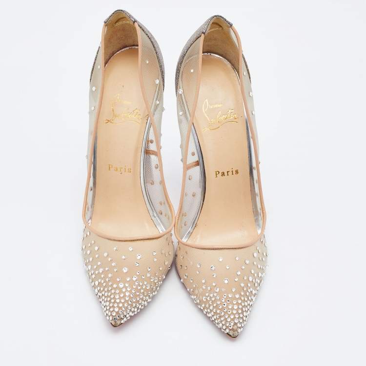 Pre Owned Christian Louboutin Beige/Silver Mesh and Leather Follies Strass Pumps Size 39.5